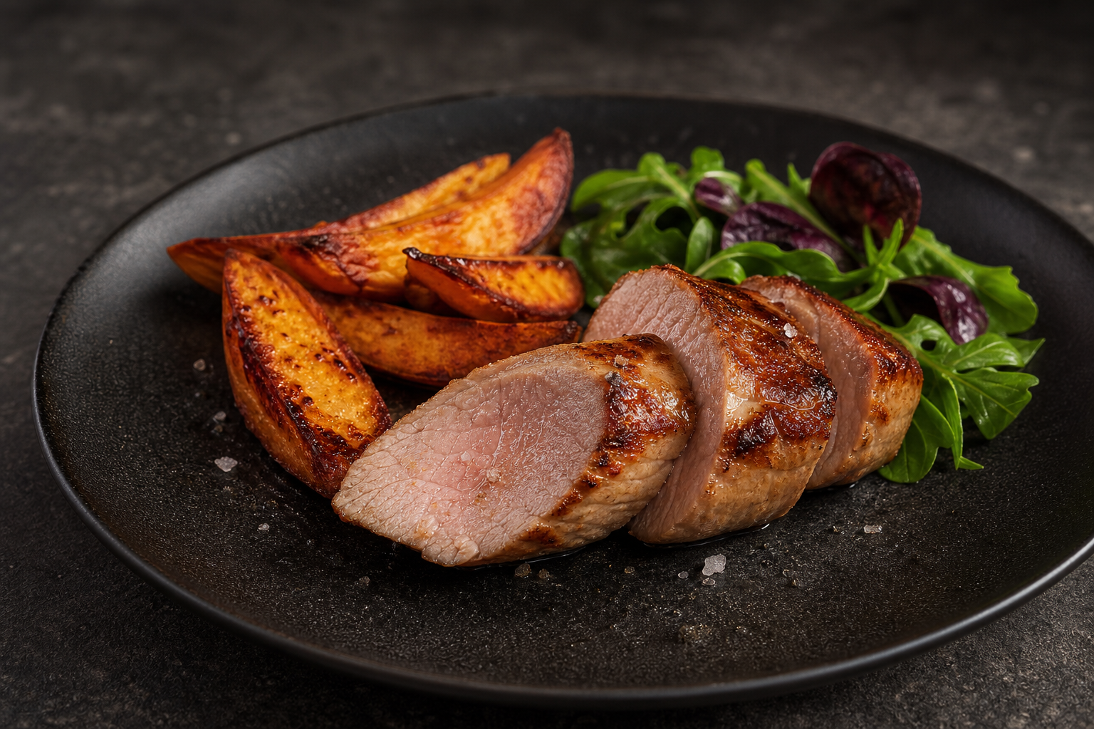 Medallones de cerdo sellados con batatas asadas y hojas verdes