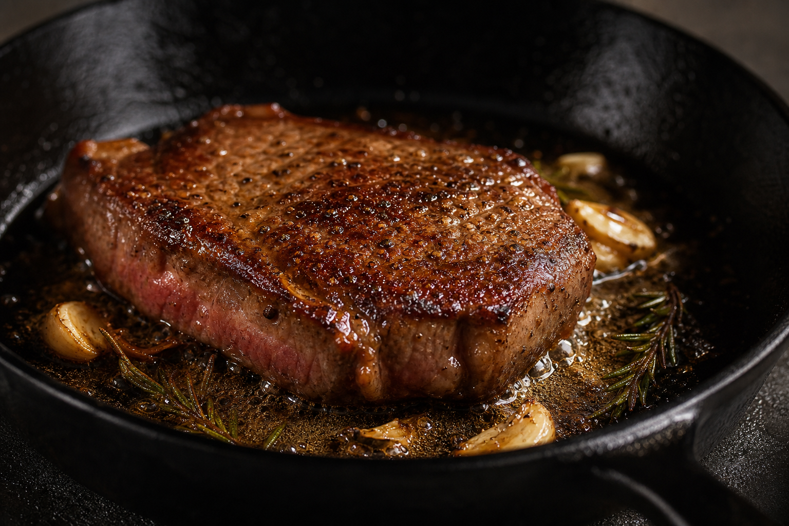 Bife sellado en sartén con manteca, ajo y romero